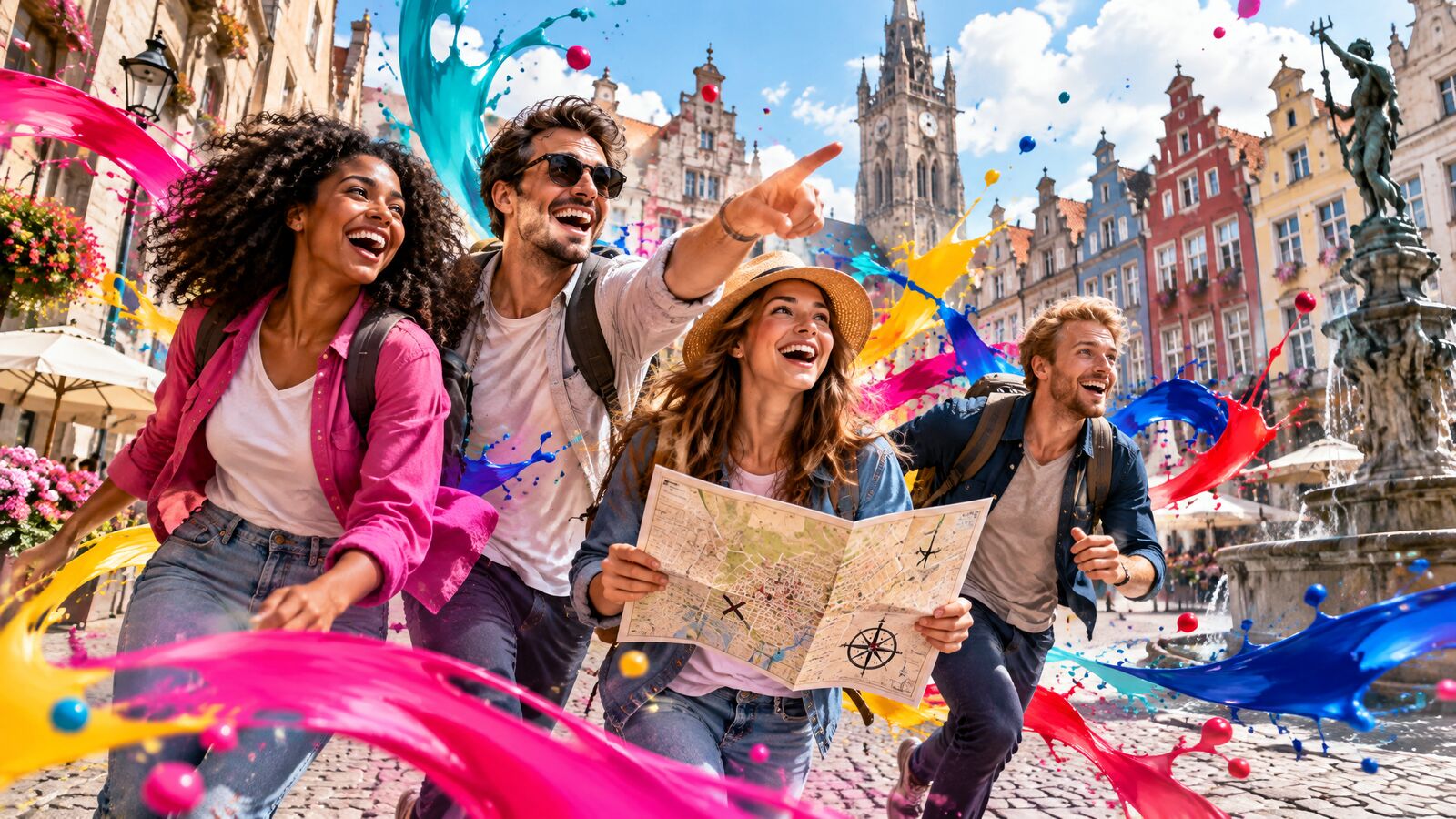 City adventure: enthousiaste groep op stadsspel door een historische binnenstad, in kleurrijke Art of Events-stijl
