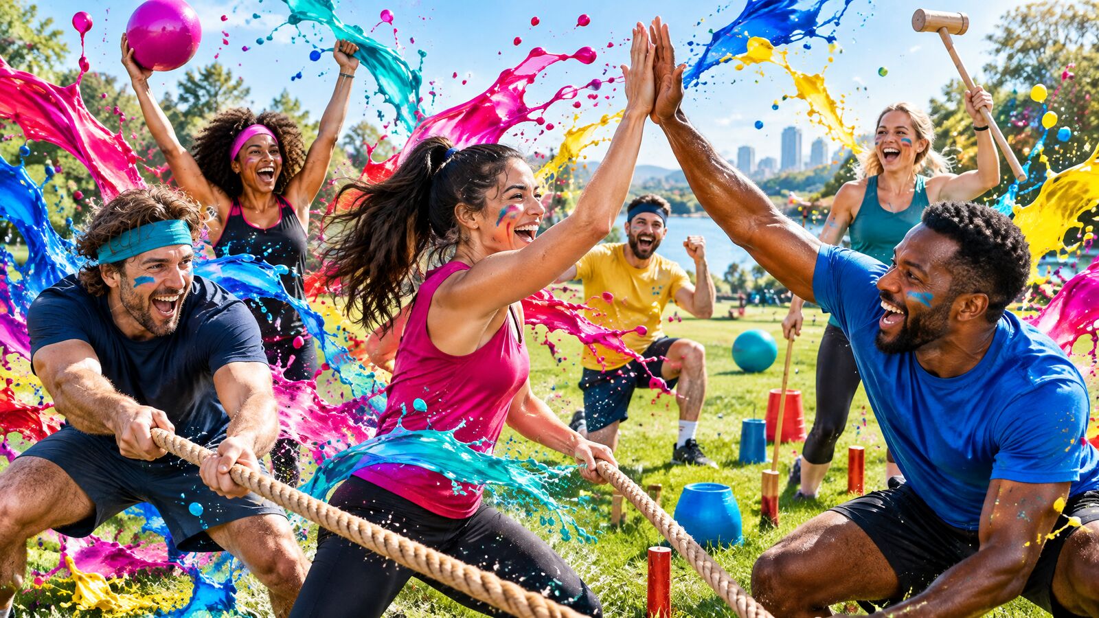 Spelprogramma: energiek team speelt buitenspellen in het park, in kleurrijke Art of Events-stijl